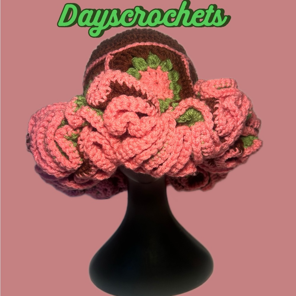 Pink and Brown Floral Crochet Hat
